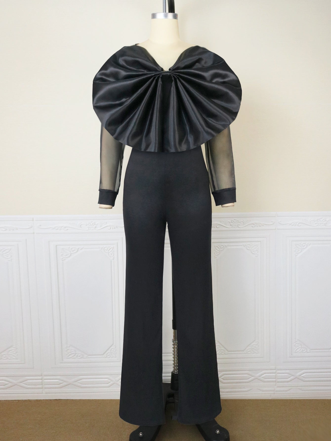 Long sleeve spring V-neck transparent yarn jumpsuit for women, featuring high waist design and casual office style by Plush Fashion Hub.