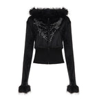 Bella Mia autumn winter casual furry zip-up sweater coat with letter graphic and rhinestone sweatpants two-piece set, long sleeves