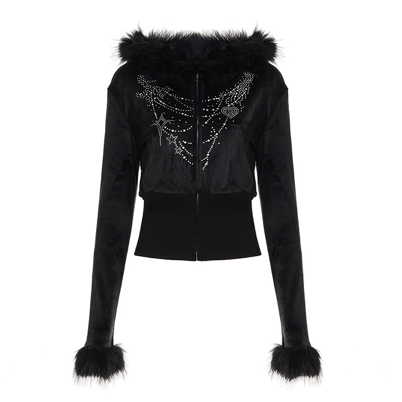 Bella Mia autumn winter casual furry zip-up sweater coat with letter graphic and rhinestone sweatpants two-piece set, long sleeves