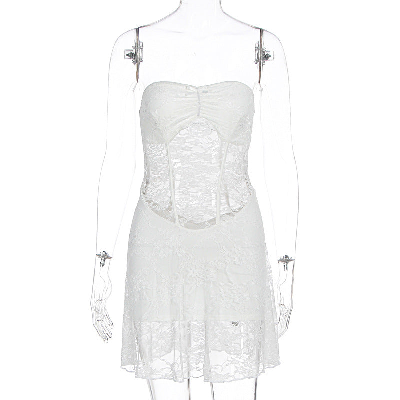 Bella Mia women's summer lace stitching tube top dress, slim fit and see-through design, perfect for stylish warm-weather outfits.