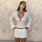 Solid color knitted beach skirt and bikini swimsuit set for women, sun-proof blouse, from Plush Fashion Hub.