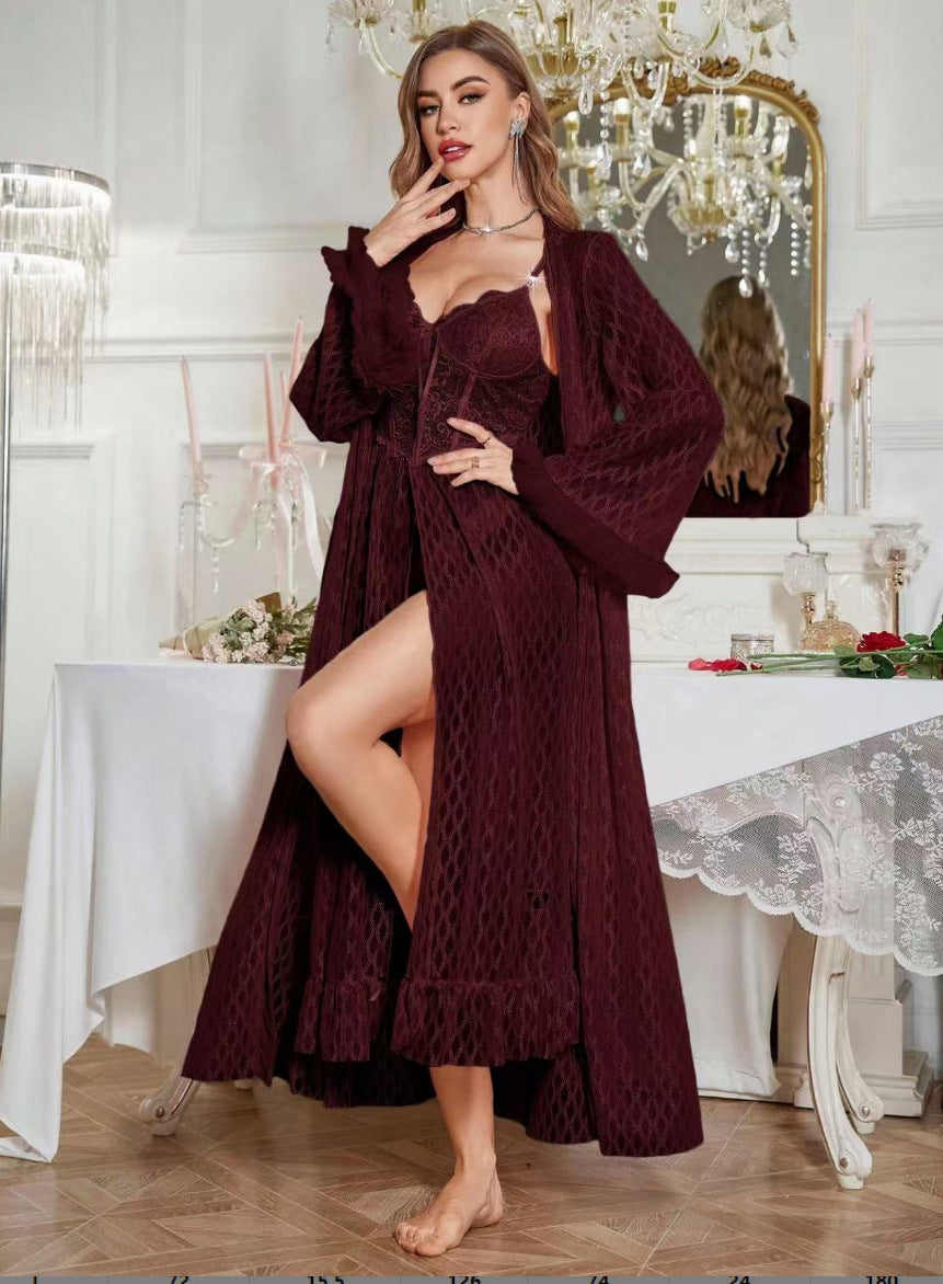 Plush Fashion Hub sexy lace slip nightdress with slit, casual lingerie maxi dress and robe, featuring a stylish, comfortable design.