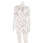 Women French V neck Sexy Slim Hip Floral Puff Sleeve Dress Short Bella Mia