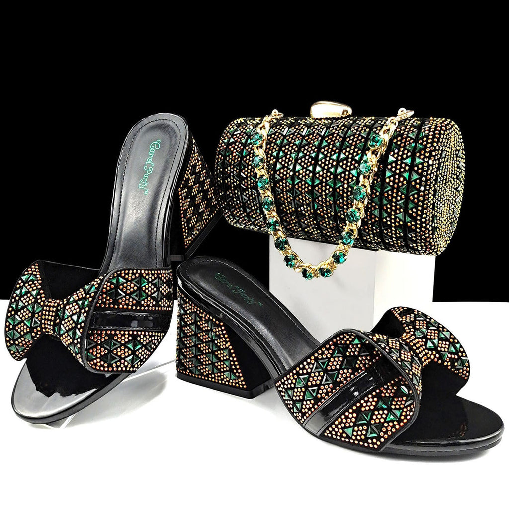 Women’s high heel slippers and cylindrical bag set with rhinestone embellishments, perfect for summer casual wear.
