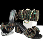 Women’s high heel slippers and cylindrical bag set with rhinestone embellishments, perfect for summer casual wear.