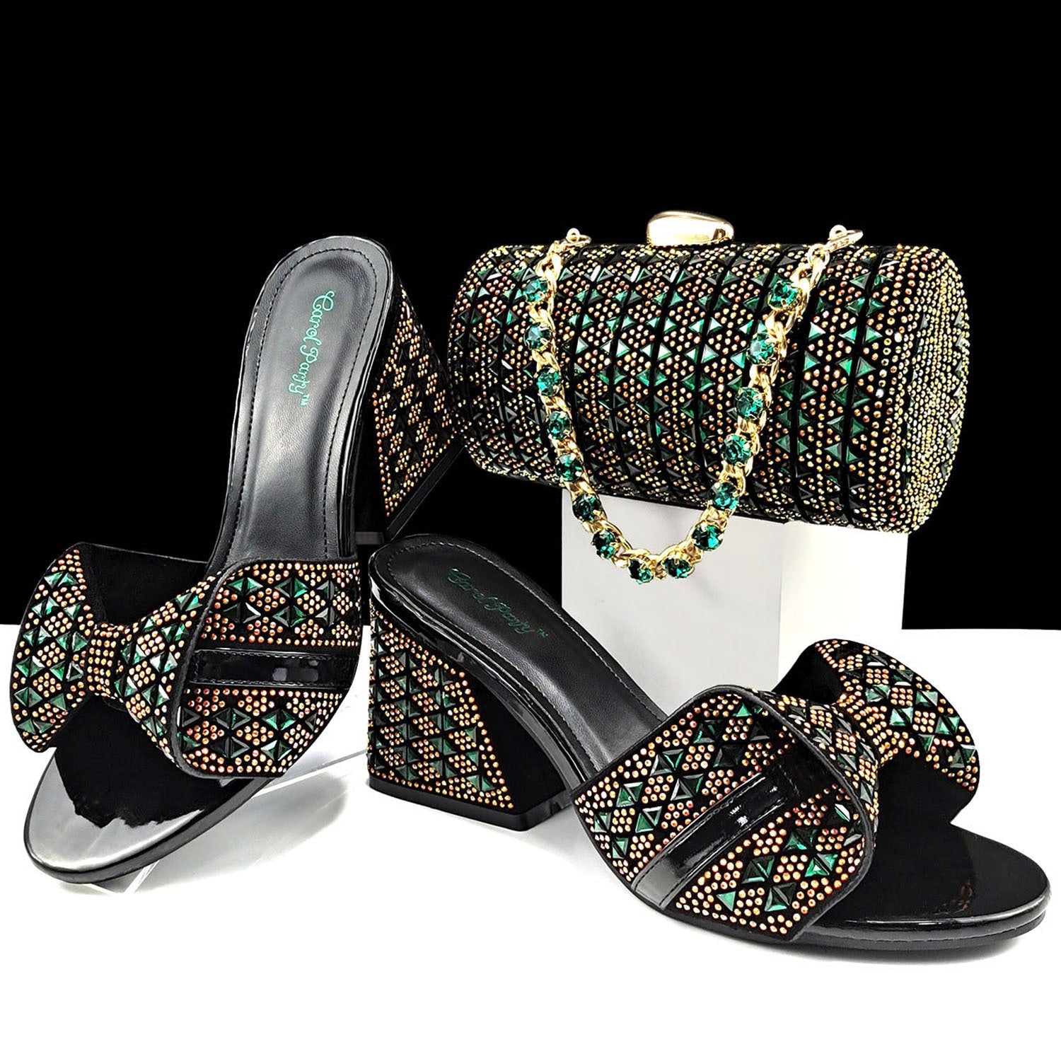 Women’s high heel slippers and cylindrical bag set with rhinestone embellishments, perfect for summer casual wear.
