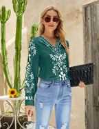 Ethnic print V-neck long sleeve top shirt for women by Bella Mia, casual and stylish with colorful patterns.