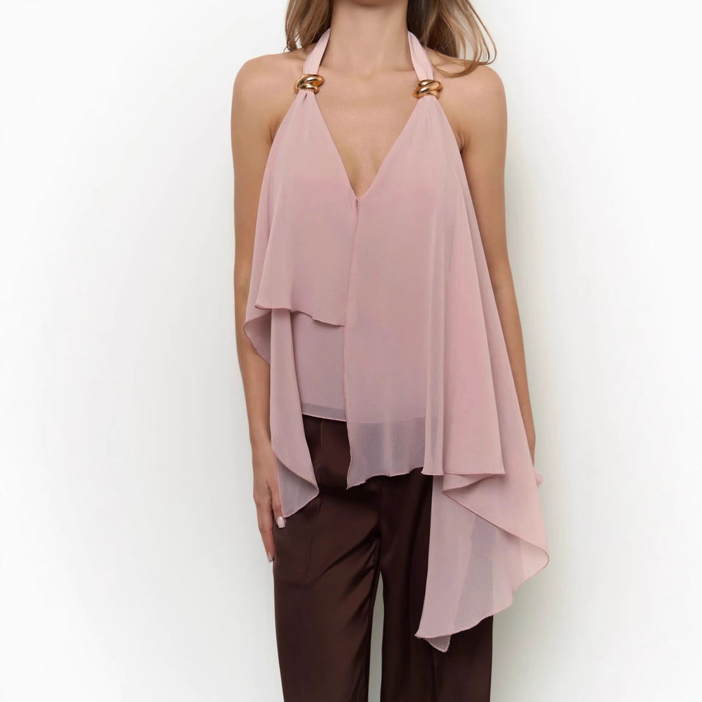 Elegant sleeveless chiffon vest top for women featuring a sexy V-neck halter design, perfect for summer casual or stylish outfits.