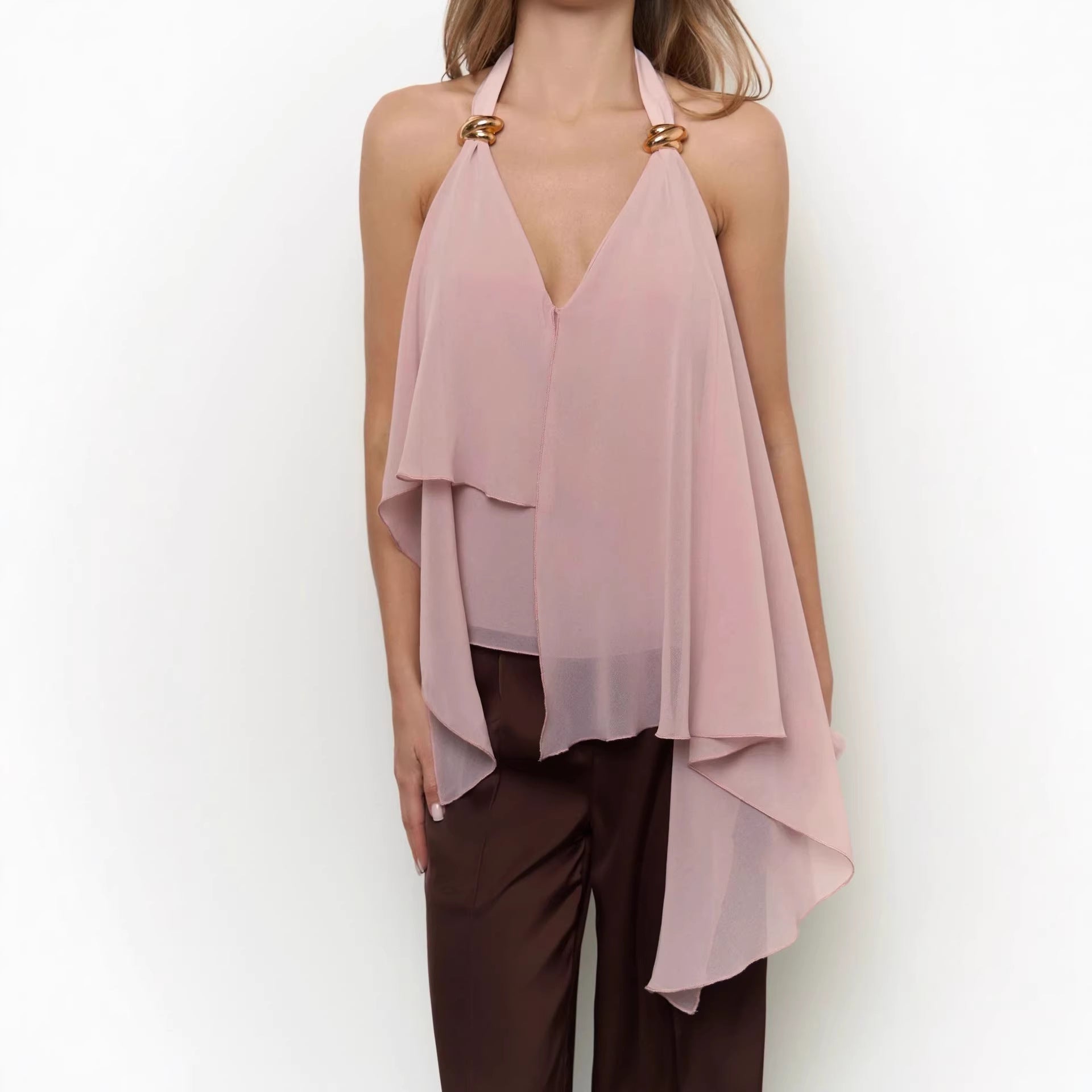 Elegant sleeveless chiffon vest top for women featuring a sexy V-neck halter design, perfect for summer casual or stylish outfits.