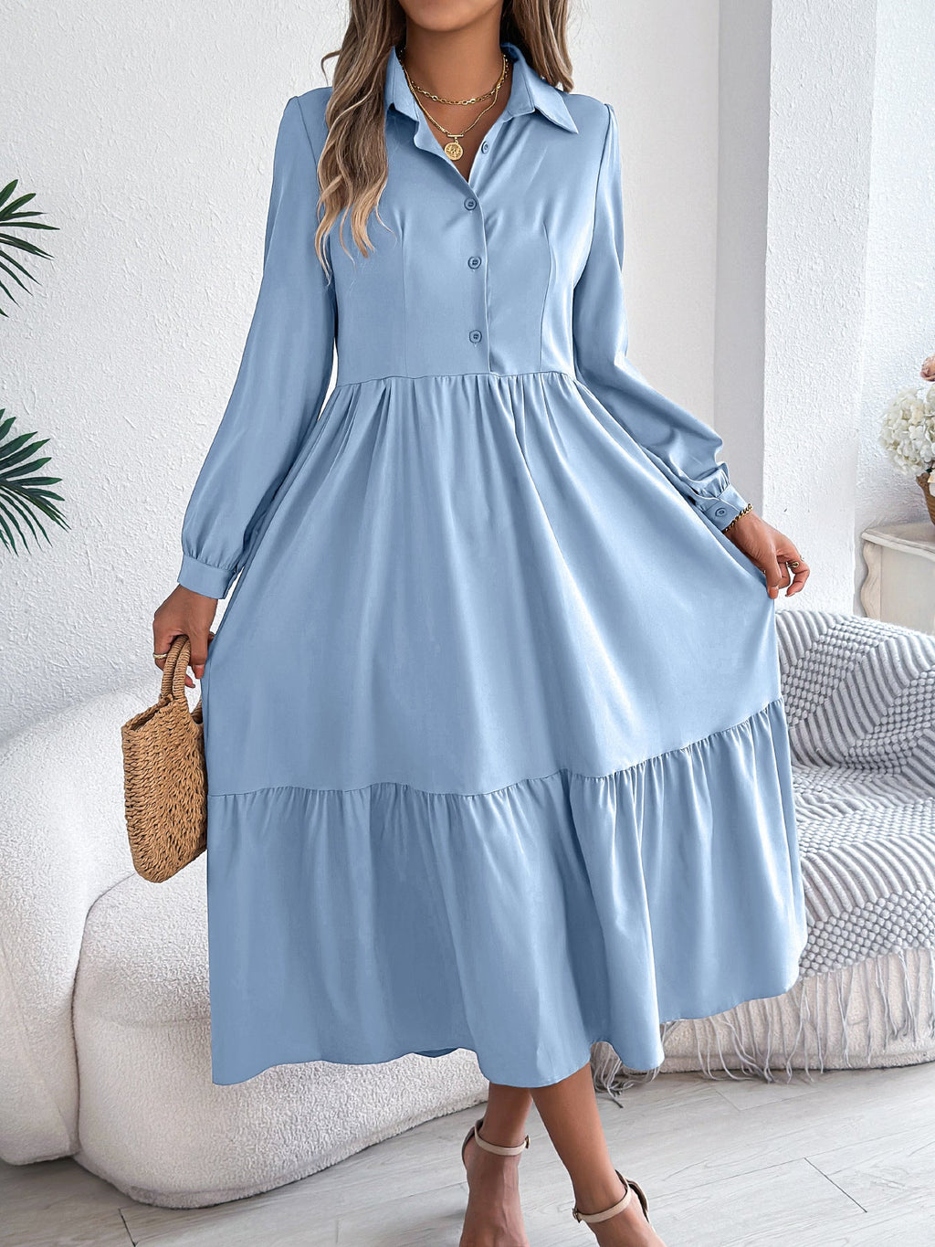 Loose long sleeve ruffled shirt dress for women, featuring a collared, autumn winter casual style from Wanita Store.