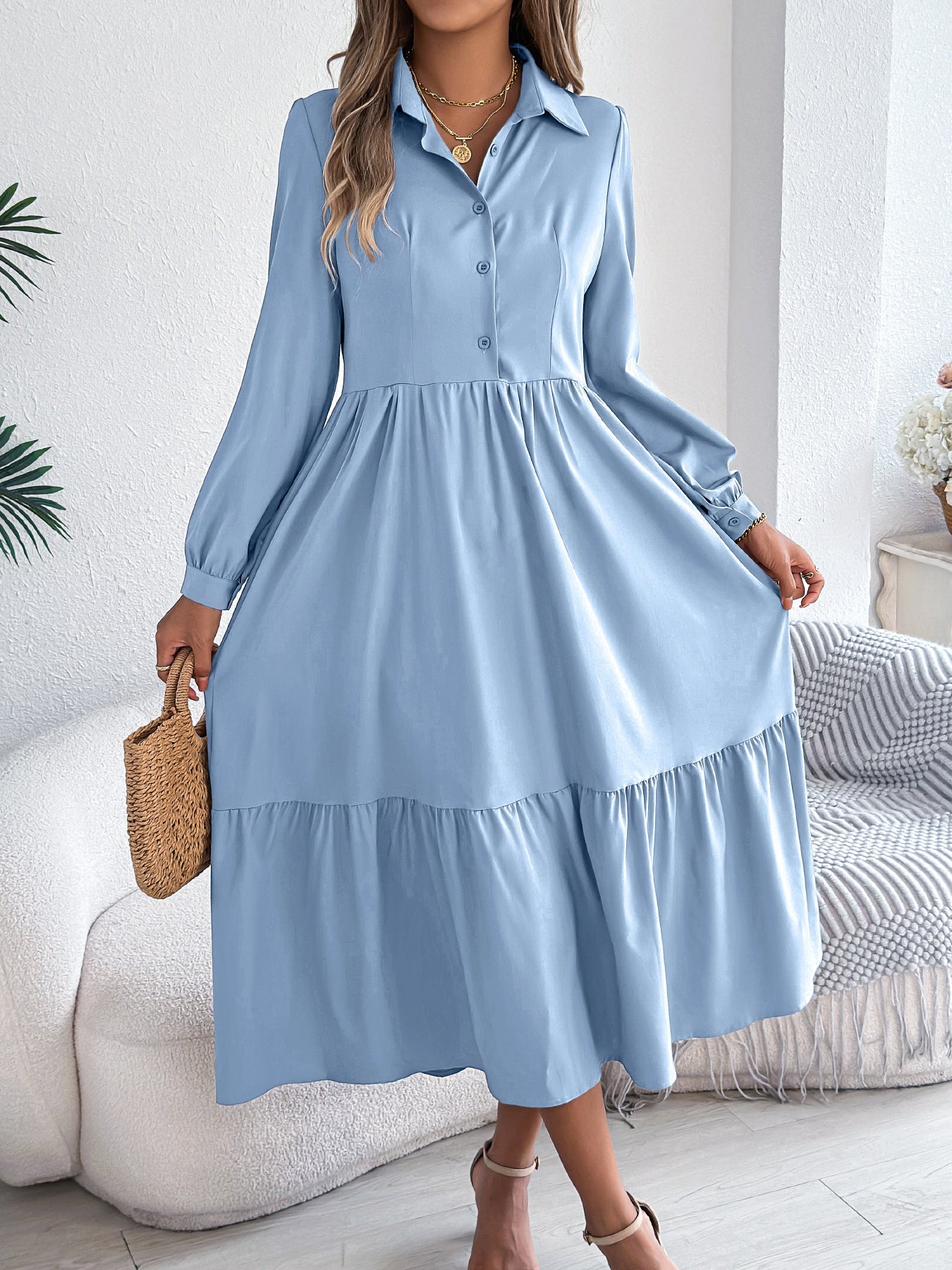 Loose long sleeve ruffled shirt dress for women, featuring a collared, autumn winter casual style from Wanita Store.