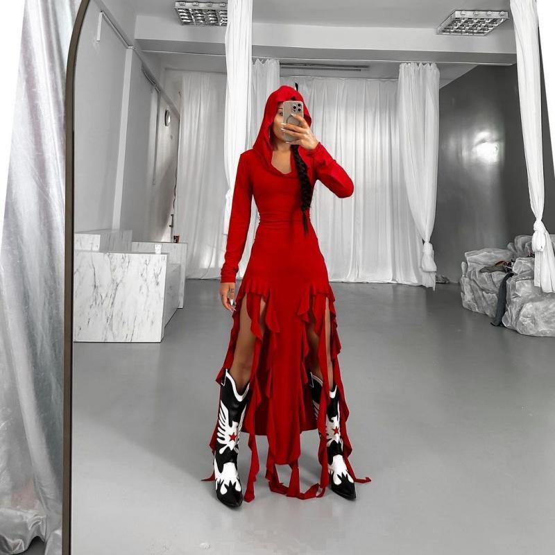 Summer ruffled stitching long sleeve hooded asymmetric dress by Wanita Store, featuring irregular design and trendy style.