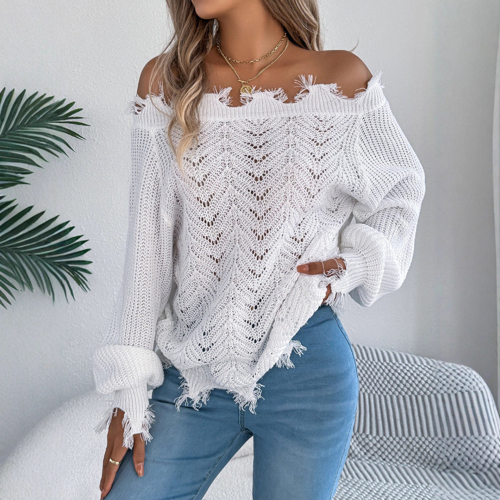 Bella Mia women's autumn winter long sleeve hollow out cutout shoulder pullover sweater with solid color design.
