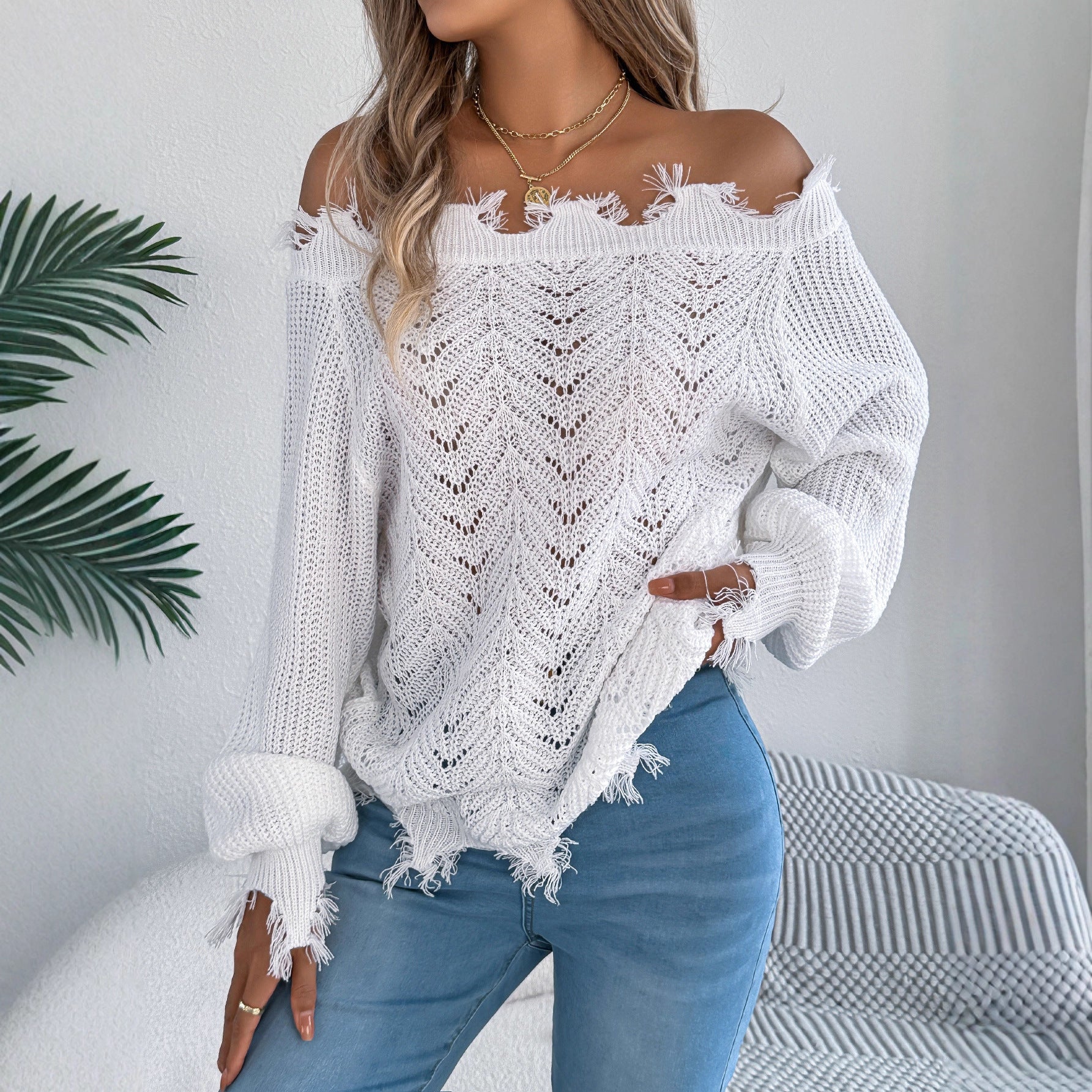 Bella Mia women's autumn winter long sleeve hollow out cutout shoulder pullover sweater with solid color design.