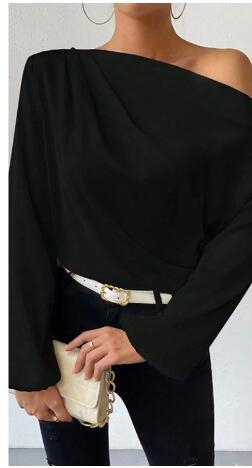 Bella Mia women's long sleeve satin pullover top with oblique shoulder design and asymmetric silhouette in solid color.
