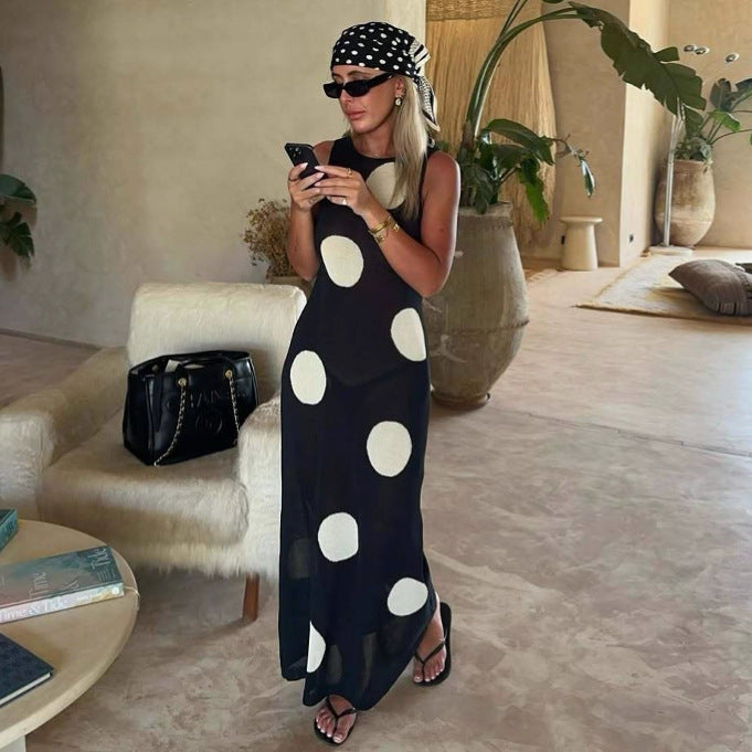 Women’s autumn winter polka dot knitted maxi dress by Plush Fashion Hub, lightweight, bohemian, see-through design, casual and slimming fit.
