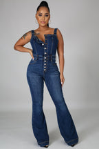 Women’s denim jumpsuit with wide-leg pants, casual strap design, and platform style, featuring a sexy and comfortable fit.