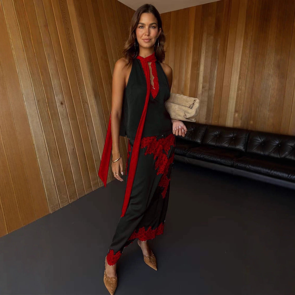 Women’s satin stitching sleeveless casual skirt set with rings, featuring a loose fit for spring and summer wear.