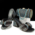 Women’s summer two-piece set with high heel slippers and rhinestone-embellished cylindrical bag, featuring matching color and casual style.