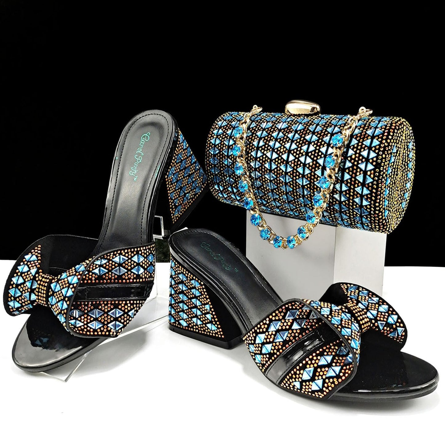 Women’s summer high heel slippers and cylindrical rhinestone-embellished bag set, featuring color matching casual shoes and accessories.