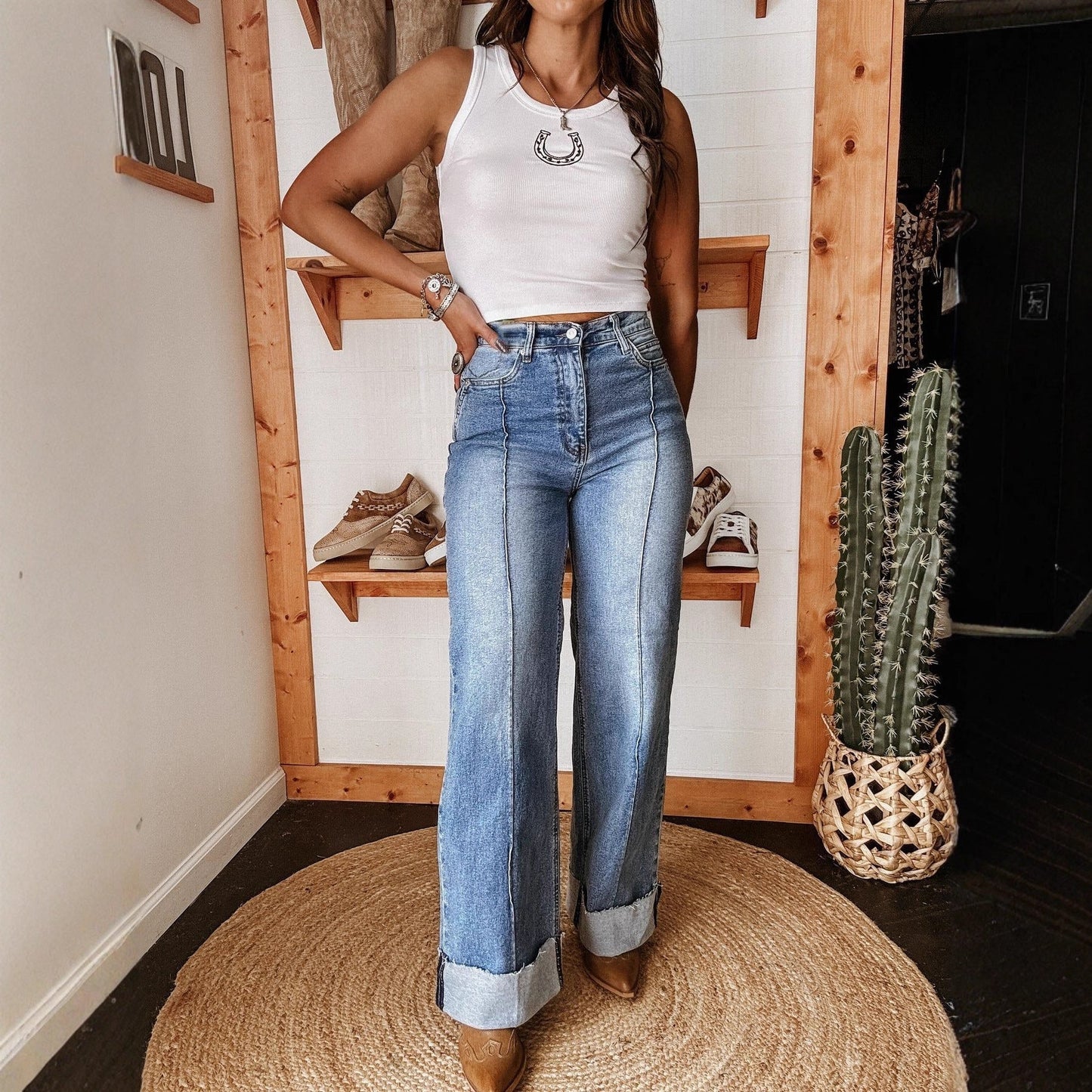 Women’s casual washed-out elastic mid-waist straight jeans by Plush Fashion Hub, shown with front view and relaxed fit.