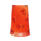 Chinese retro floral print chiffon mesh midi skirt with contrast color details, perfect for vacation wear.