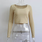 Large round neck long sleeve ribbed knit top for women, casual and slim fit, suitable for autumn and winter.