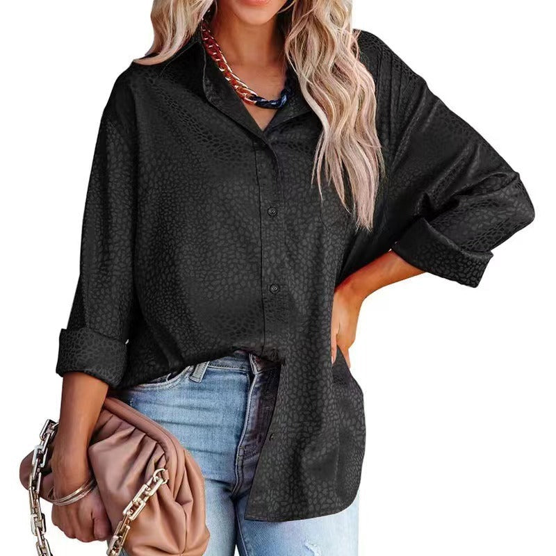 Women’s satin long sleeve shirt by Bella Mia with a gravel pattern, loose fit, perfect for autumn comfort.
