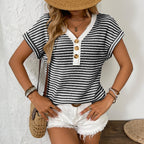 Women's summer V-neck knitted patchwork short sleeve pullover top by FitiqueFit, featuring casual style and button details.