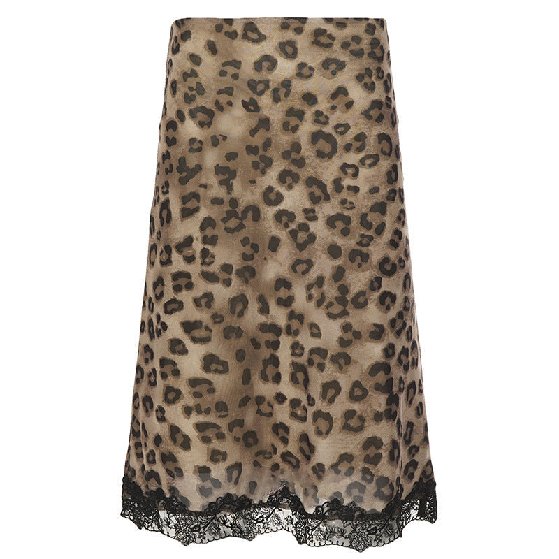Leopard lace-stitched mesh casual midi skirt from Plush Fashion Hub, featuring street style and sexy design elements.