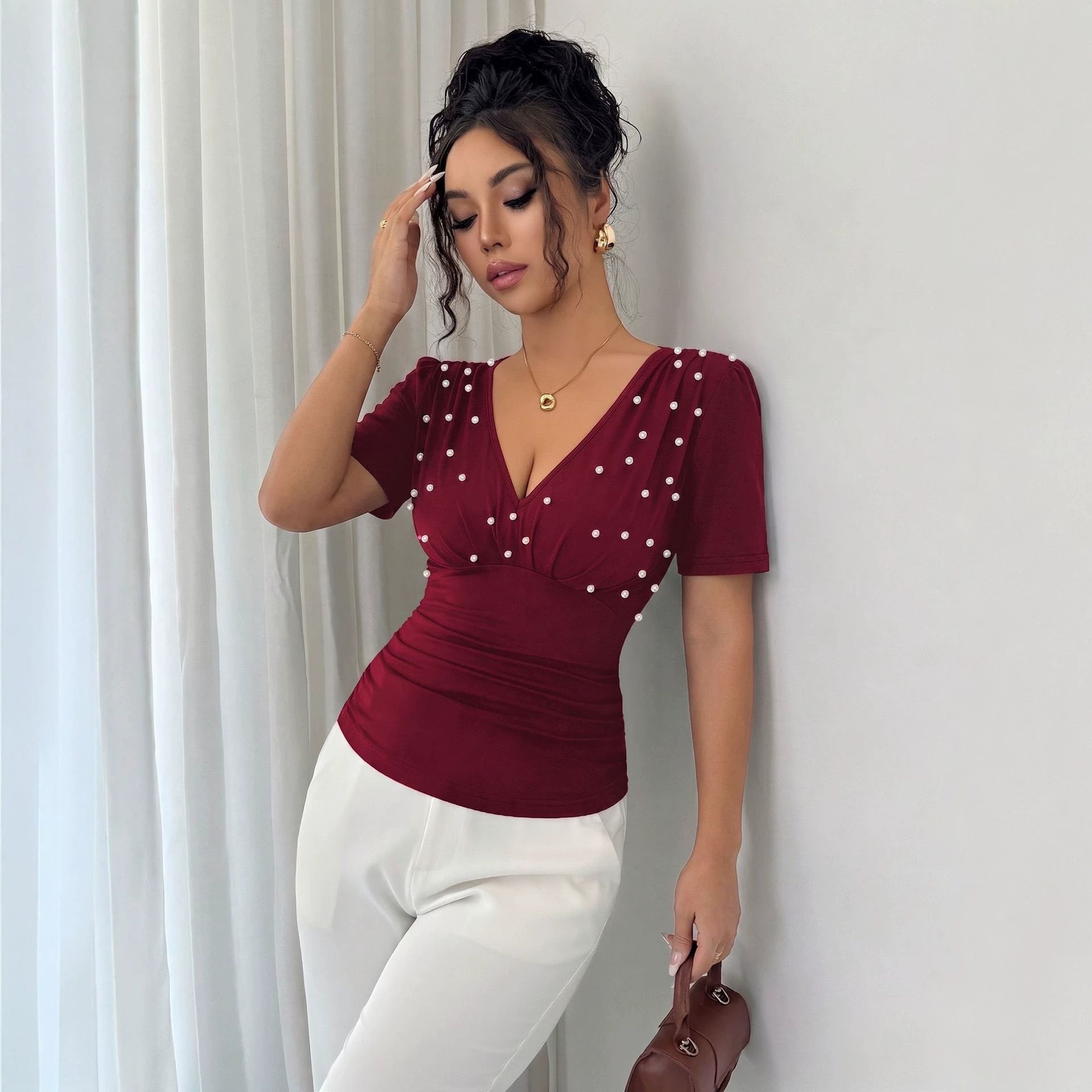 Summer V-neck handmade pearl short sleeve slim T-shirt for women by Plush Fashion Hub, solid color and comfortable fit.
