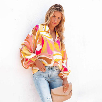 Autumn Winter Printed Lantern Sleeve Collared Cardigan Single Breasted Casual Shirt Women Top Bella Mia