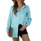 Women’s satin long sleeve shirt by Bella Mia with a comfortable loose fit and gravel pattern for autumn wear.