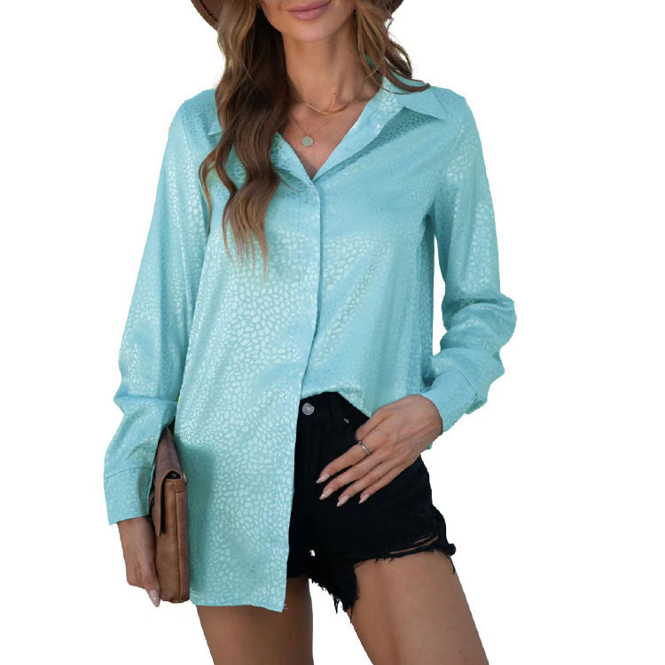 Women’s satin long sleeve shirt by Bella Mia with a comfortable loose fit and gravel pattern for autumn wear.