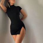 Sexy half turtleneck lace-up back side slit hip dress by Wanita Store, showcasing a fitted design with a bare back and stylish slit.