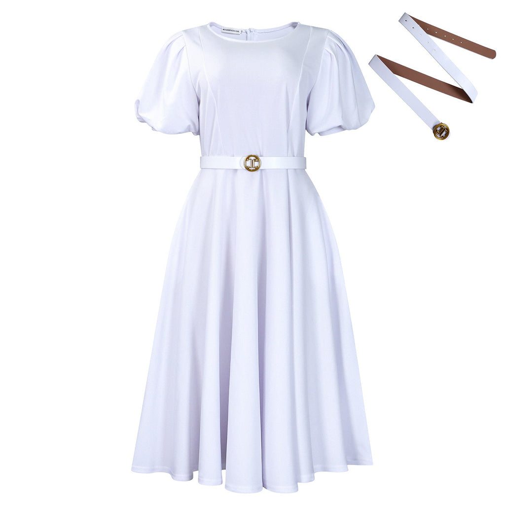 Women’s high waist dress with puff sleeves and round neck in soft fabric, featuring a stylish and comfortable fit.