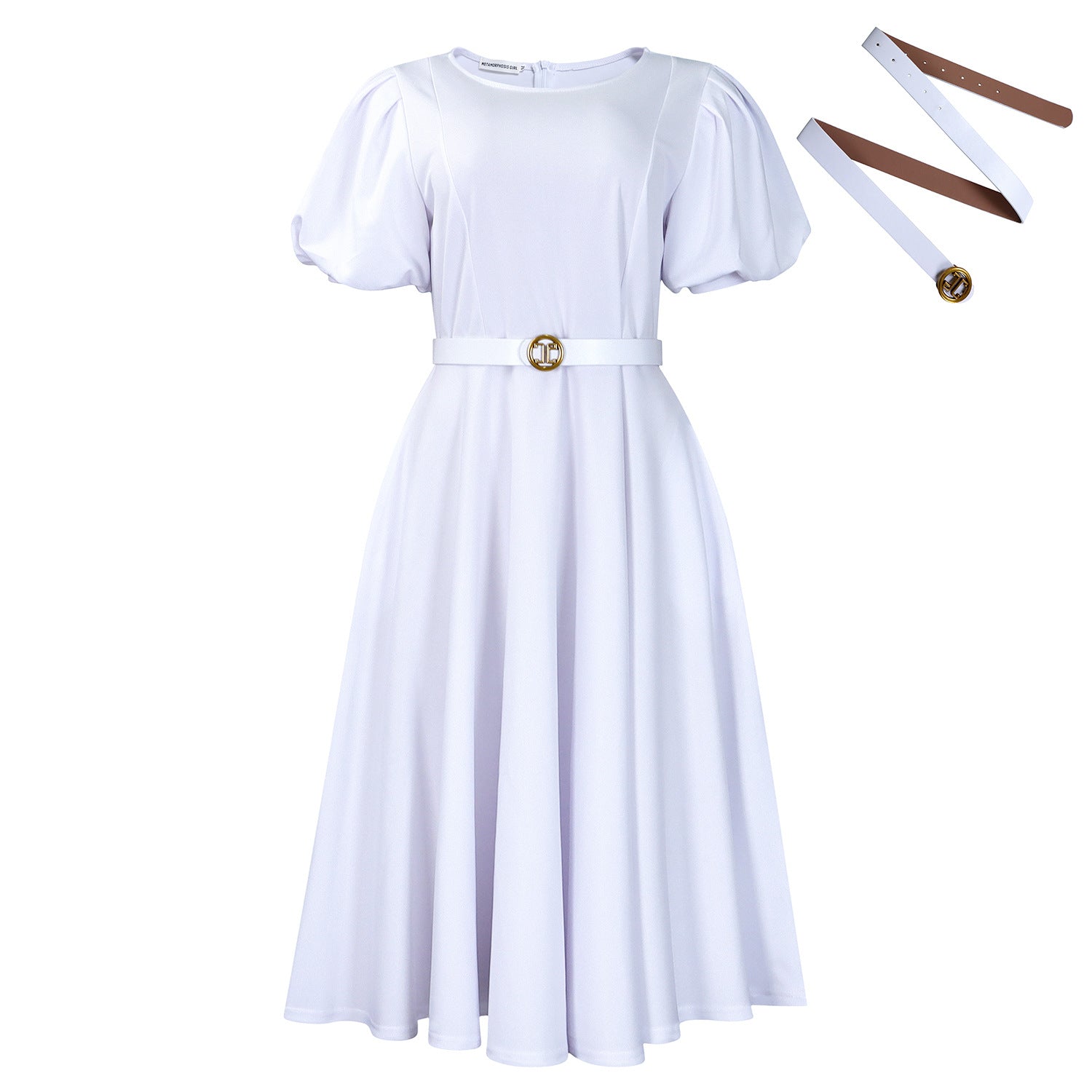 Women’s high waist dress with puff sleeves and round neck in soft fabric, featuring a stylish and comfortable fit.