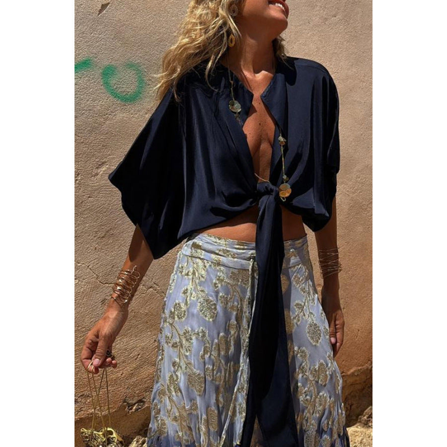 Multi-color lace-up vacation top for women featuring casual loose fit and batwing sleeves, ideal for spring and summer wear.