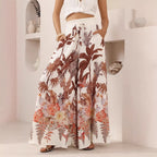 Light green leaf print summer wide leg pants from Wanita Store, casual and loose fit, perfect for warm weather wear.