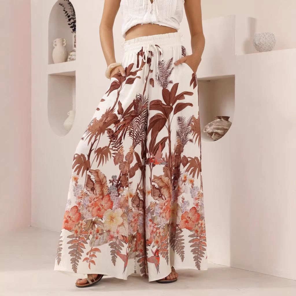 Leaf print summer wide leg pants from Plush Fashion Hub, casual loose fit with a relaxed, breathable design.