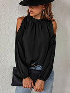 Bella Mia women's autumn winter pleated off-shoulder blouse with round neck, long sleeves, solid color, and lotus leaf design.
