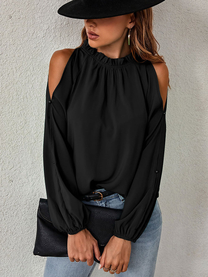 Bella Mia women's autumn winter pleated off-shoulder blouse with round neck, long sleeves, solid color, and lotus leaf design.