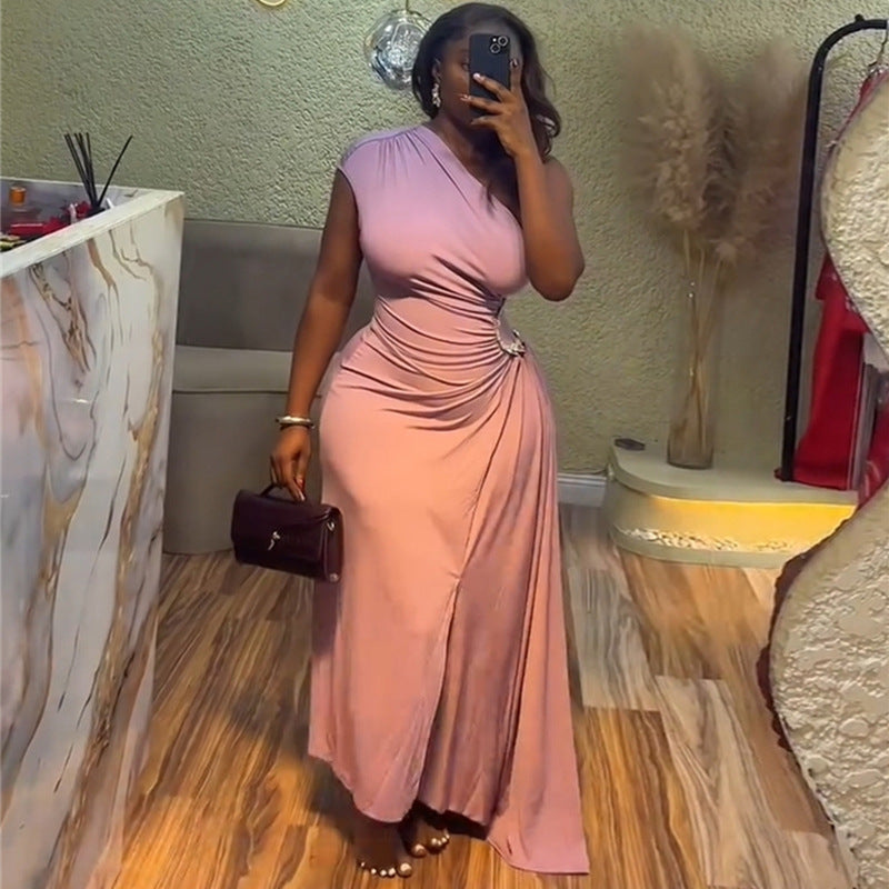 Women Clothing Summer Elegant Diagonal Collar Pleated Diamond Waist Tight Irregular Asymmetric Maxi Dress Bella Mia