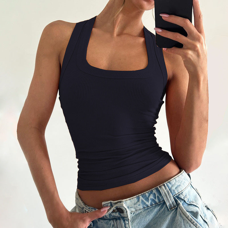 Bella Mia women's summer cropped vest featuring a sexy U collar, solid color, slim fit, and stylish I-shape design.