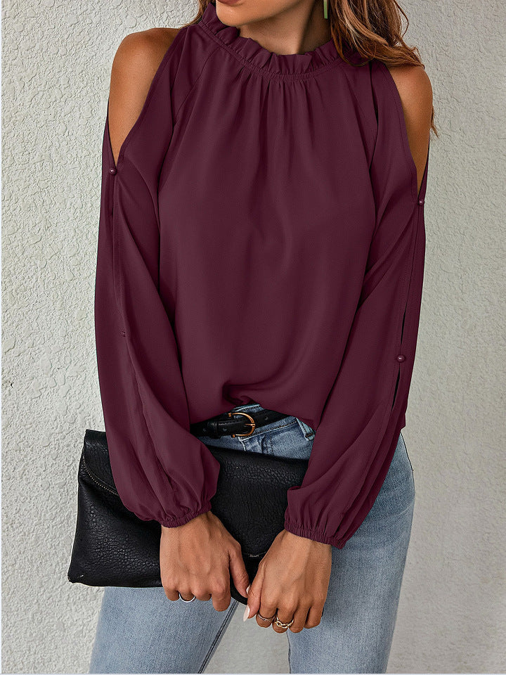 Bella Mia women's solid color lotus leaf round neck long sleeve pleated off-shoulder blouse for autumn and winter fashion.