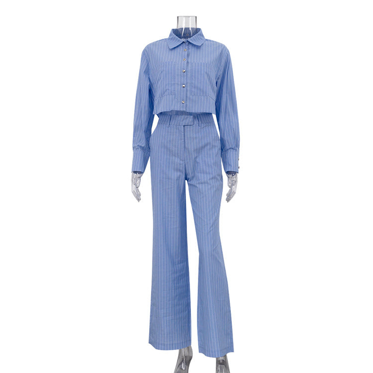 Women’s striped collared long sleeve shirt and loose wide-leg pants two-piece set by Bella Mia, displayed on a model.