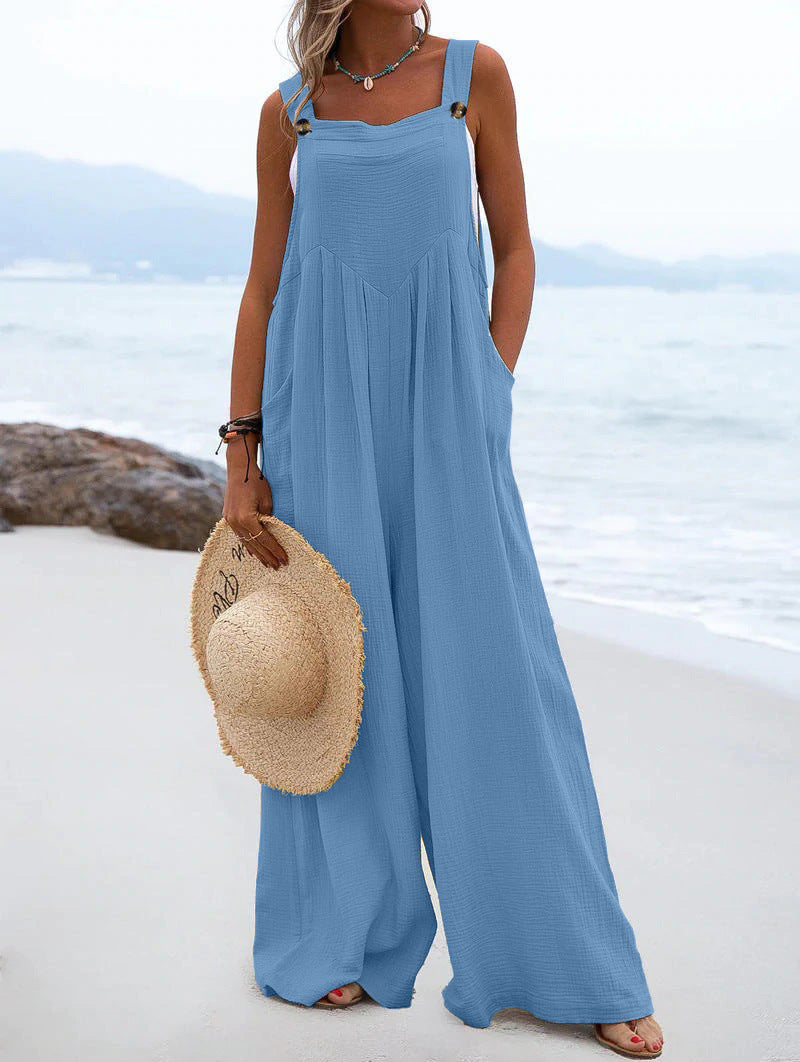 Women’s summer jumpsuit by Bella Mia, ethnic solid color with wide-leg design, casual and comfortable for warm weather.
