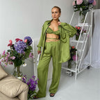 Three-piece satin shirt vest and straight-leg pants suit for women, perfect for casual spring and summer vacation wear.