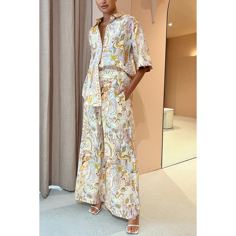 Casual women's spring summer two-piece suit with pocketed half sleeves and loose fit, by Wanita Store.