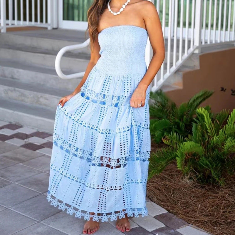 Plush Fashion Hub casual maxi dress for women featuring embroidery, hollow out cutout, and tube top design for spring wear.